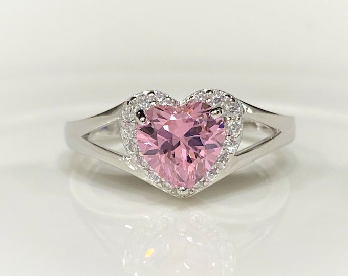 Vintage Sterling Silver Pink Sapphire & White Topaz Heart Ring.