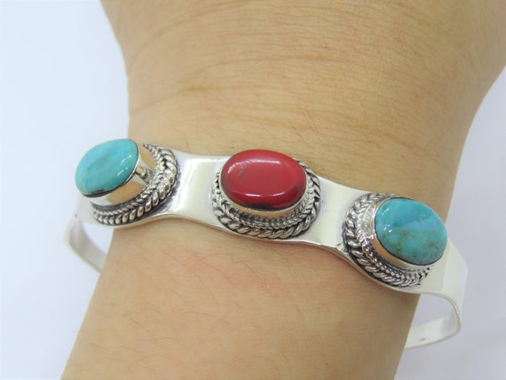 Vintage Sterling Silver Turquoise & Salmon Coral … - image 8