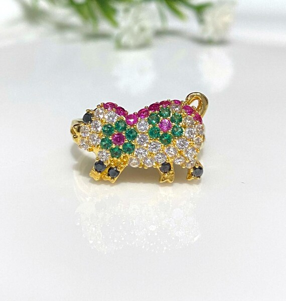 Vintage 18K Gold Pig Ring Ruby, Emerald, Sapphire… - image 4