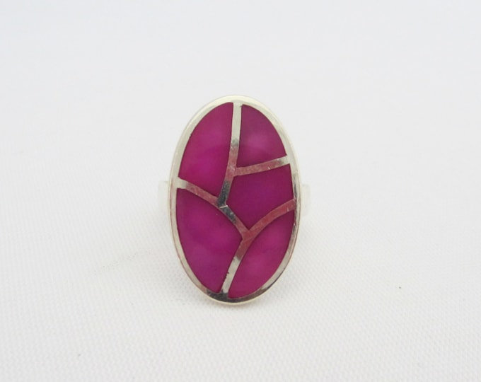 Vintage Modernist Sterling Silver Enamel Dark Pink Oval Ring Size 6.75