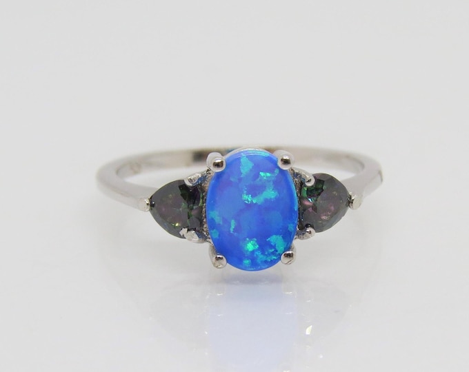 Vintage Sterling Silver Blue Opal & Mystic Topaz Three stones Ring Size 7