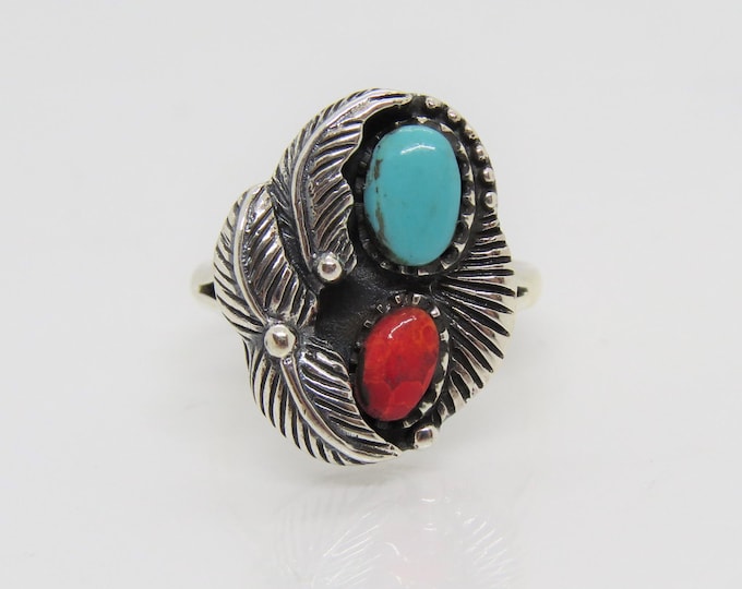 Vintage Southwestern Sterling Silver Turquoise & Red Coral Leaf Ring 6