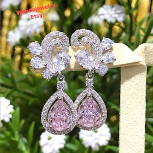 Vintage Sterling Silver Pink Sapphire & White Topaz Dangle Earrings.