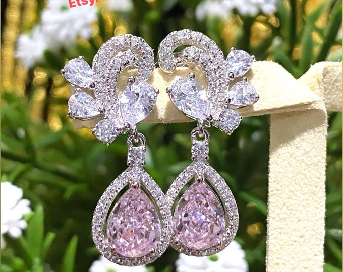 Vintage Sterling Silver Pink Sapphire & White Topaz Dangle Earrings.