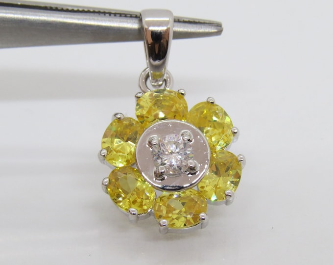 Vintage Sterling Silver Citrine & White Topaz Flower Pendant
