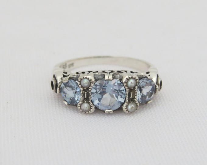 Vintage Sterling Silver Aquamarine & Seed Pearl Ring Size 9