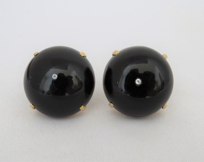 Vintage 14K Solid Yellow Gold Black Onyx & Diamond Earrings
