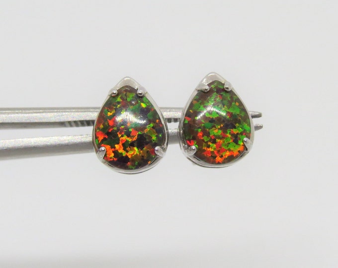 Vintage Sterling Silver Pear cut Black Opal Stud Earrings