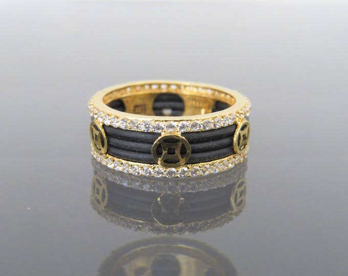 Vintage 15K Solid Yellow Gold White Topaz Coin Money Band Ring Size 7.5