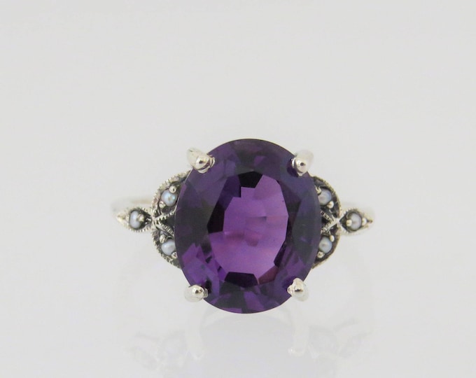 Sterling Silver Amethyst & Seed Pearl Ring Size 9