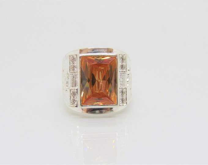 Vintage Sterling Silver Champage Topaz & White Topaz Men's Ring Size 8.5