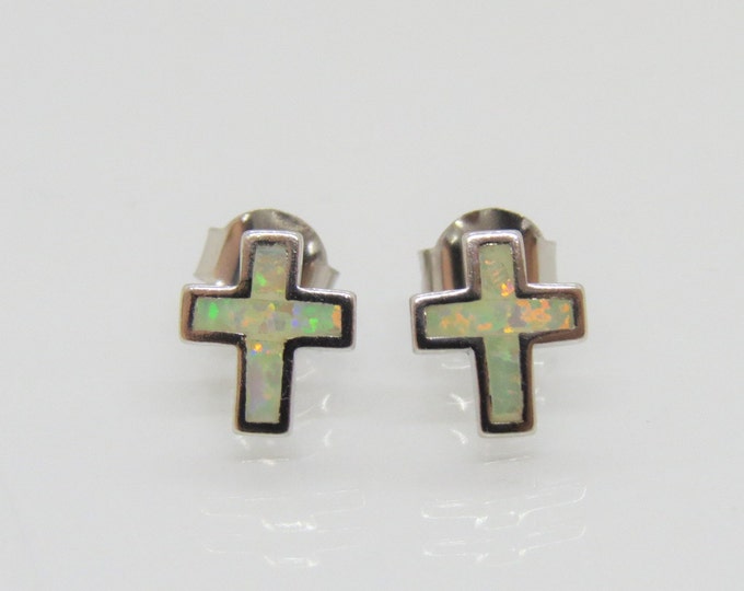Vintage Sterling Silver White Opal Cross Stud Earrings