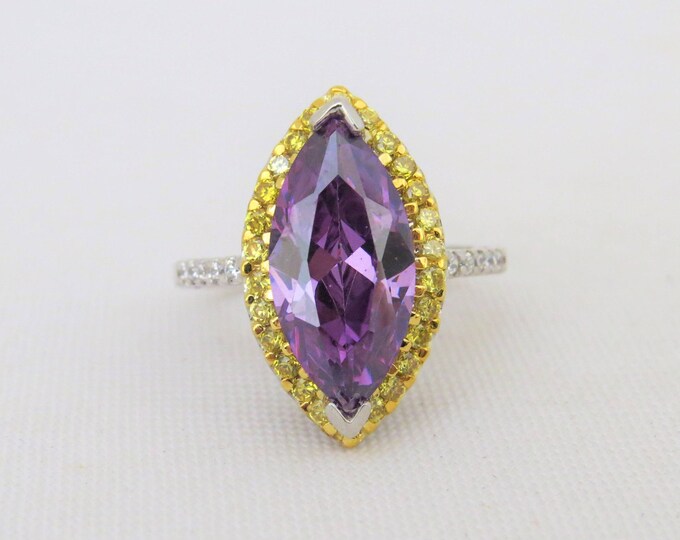 Vintage Sterling Silver Marquise cut Amethyst, Citrine & White Topaz Ring Size 7.5