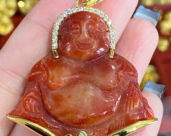 Vintage 18K Solid Yellow Gold Red Jadeite Jade Laughing Buddha Happy Buddha Pendant