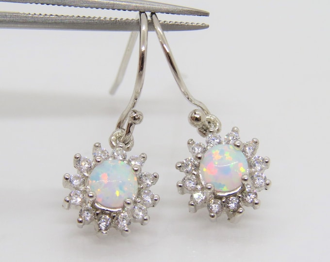 Vintage Sterling Silver White Opal & White Topaz Cluster Dangle Earrings