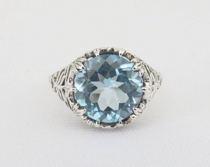 Vintage Sterling Silver Round cut Aquamarine Filigree Ring Size 6