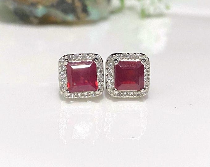 Vintage Sterling Silver Natural Princess cut Ruby & White Topaz Earrings.
