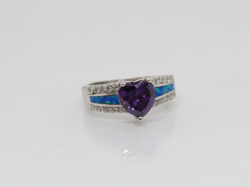 Blue Opal /& White Topaz Ring Size 8 Vintage Sterling Silver Heart cut Amethyst