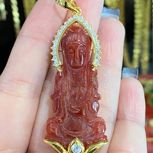 Vintage 18K Solid Yellow Gold Red Jade Jadeite Jade, White Topaz Kwan Yin Buddha Pendant Phat Ba Quan Am