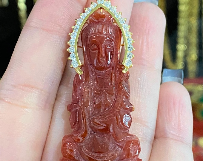 Vintage 18K Solid Yellow Gold Red Jade Jadeite Jade, White Topaz Kwan Yin Buddha Pendant Phat Ba Quan Am