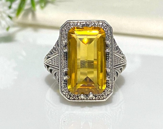 Vintage Sterling Silver Citrine Filigree Ring Size 10