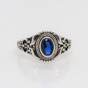 Sterling Silber Oval blauer Saphir filigraner Ring Größe 6