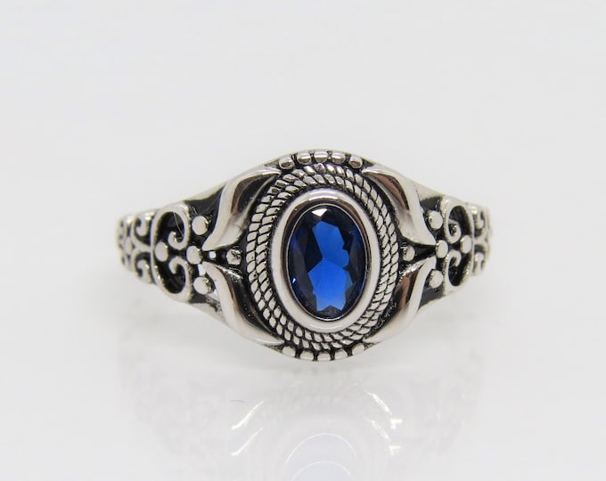 Sterling Silver Oval Blue Sapphire Filigree Ring Size 6