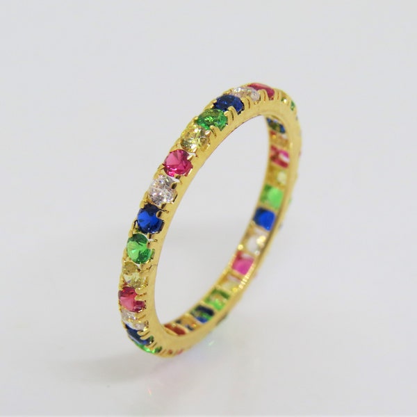 Vintage 18K Solid Yellow Gold Mixed Gemstones Band Ring Size 6.75