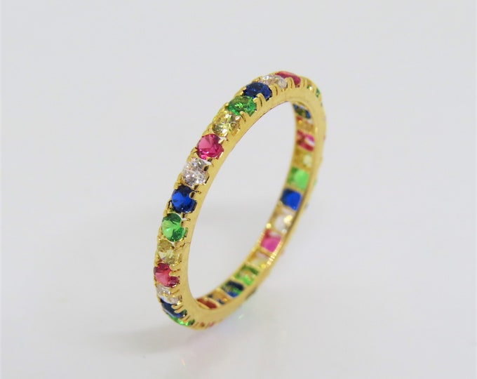 Vintage 18K Solid Yellow Gold Mixed Gemstones Band Ring Size 6.75