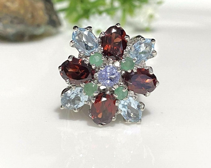 Vintage Sterling Silver Natural Aquamarine, Tanzanite, Emerald & Garnet Ring Size 7