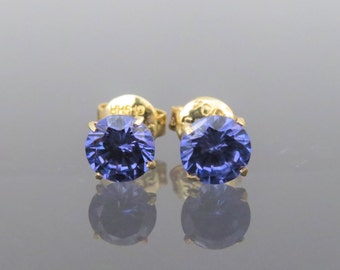 Vintage 18K Solid Yellow Gold 1.70ct Round cut Tanzanite Earrings 6MM 7MM 8MM