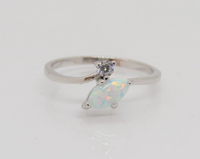 Vintage Sterling Silver Marquise Fire Opal & White Topaz Ring Size 7