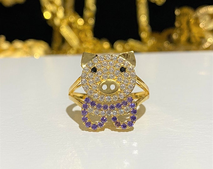 Vintage 18K Solid Yellow Gold Amethyst & White Topaz Pig Ring Size 6.5