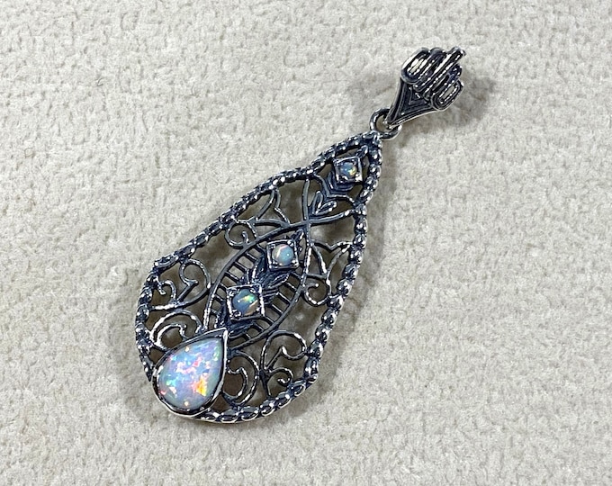 Vintage Sterling Silver White Opal Filigree Pendant.