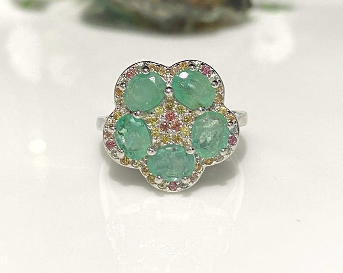 Vintage Sterling Silver Natural Emerald & Yellow, Orange Sapphire Flower Ring Size 5.5