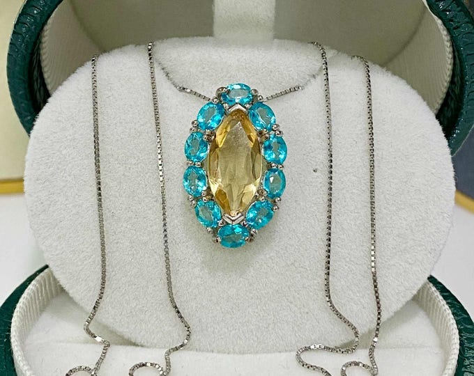 Vintage Sterling Silver Natural Marquise cut Citrine & Apatite Pendant Chain 17''