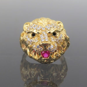 Vintage 18K Solid Yellow Gold White Topaz, Ruby & Black Sapphire Lion Head Ring Size 9.5