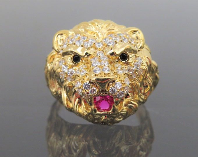 Vintage 18K Solid Yellow Gold White Topaz, Ruby & Black Sapphire Lion Head Ring Size 9.5