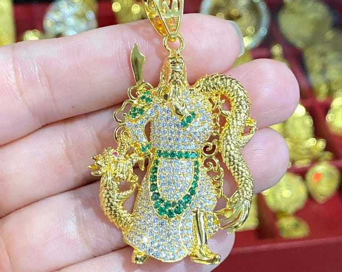 Vintage 15K 610 Solid Yellow Gold Emerald & White Topaz Guan Yu, Warrior Guan Gong Dragon Pendant. Mat Ong Quan Cong.