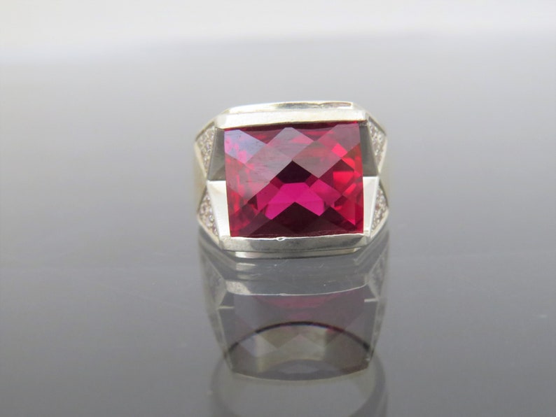 Vintage Sterling Silver Faceted Ruby & White Topaz Men's Ring Size 8.75 image 2