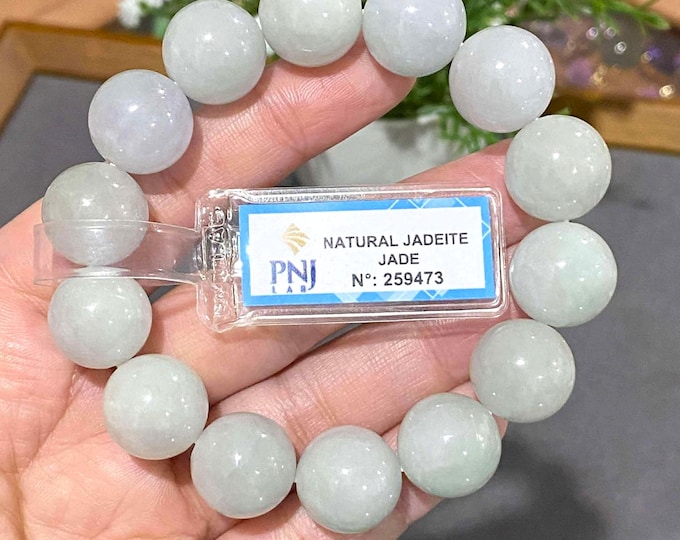 Vintage Translucent Natural Green, White Jadeite Jade Beads Bracelet 13.6MM
