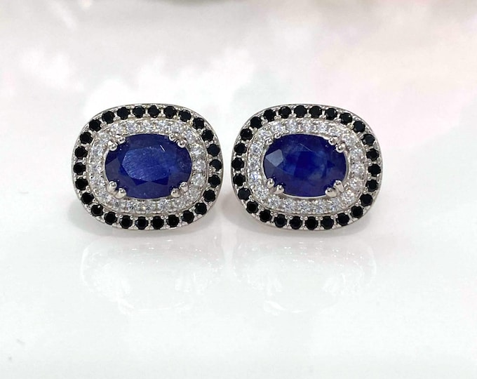 Vintage Sterling Silver Natural Oval cut Blue, Black Sapphire & White Topaz Earrings.