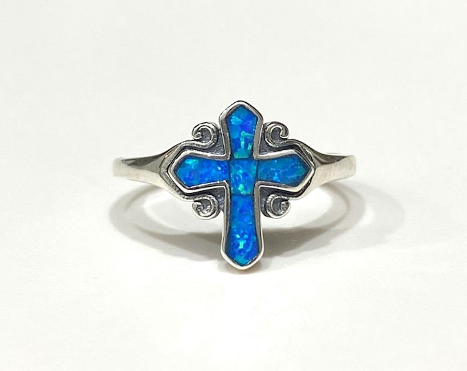 Vintage Sterling Silver Blue Opal Cross Ring Size 9