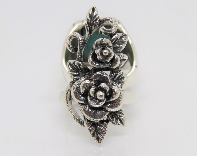 Vintage Sterling Silver Roses Flower Long Ring Size 7