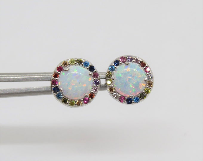 Vintage Sterling Silver White Opal & Mixed Gemstone Halo Earrings