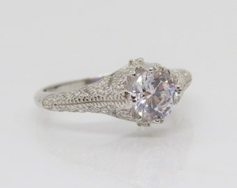 Vintage plata de ley blanco topacio filigrana solitario anillo tamaño 10