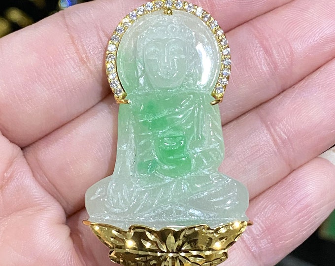 Vintage 18K Solid Gold Green, White Jadeite Jade & White Topaz Buddha Pendant Mat Phat Bon Su Thich Ca.