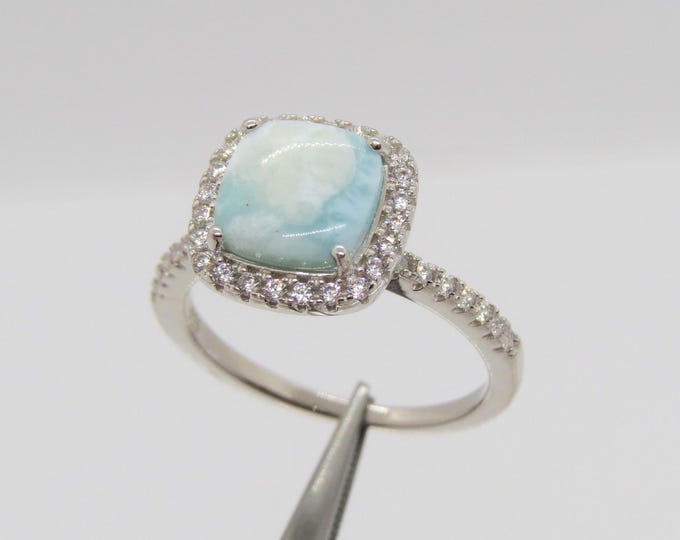 Sterling Silver Natural Larimar & White Topaz Halo Ring Size 8,9