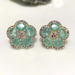 Vintage Sterling Silver Natural Emerald & Yellow, Orange Sapphire Earrings.