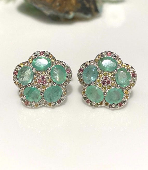Vintage Sterling Silver Natural Emerald & Yellow, Orange Sapphire Earrings.